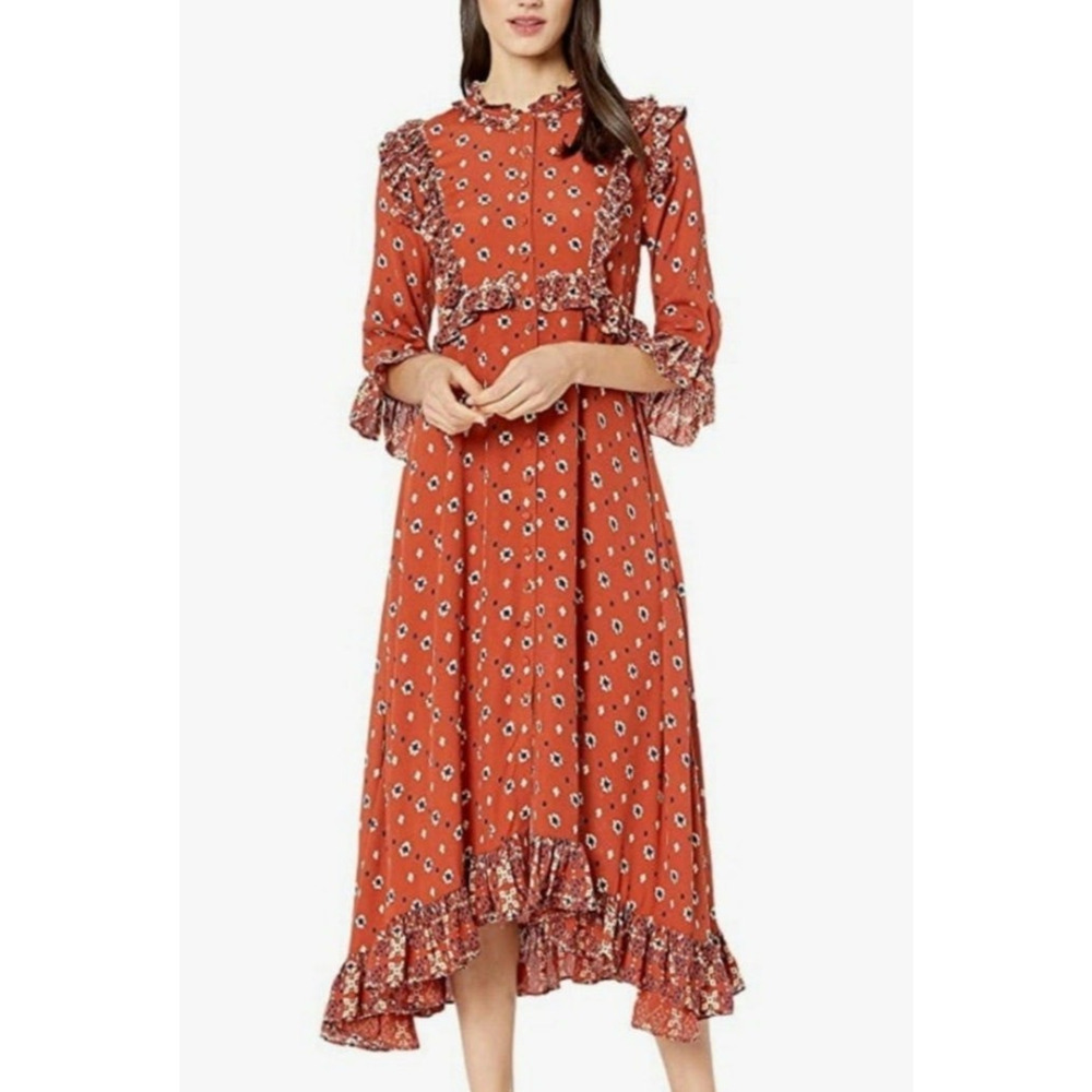 Free People Calico Skies Midi Dress Ruffle Button Boho Cottagecore Western Large - Picture 3 of 16